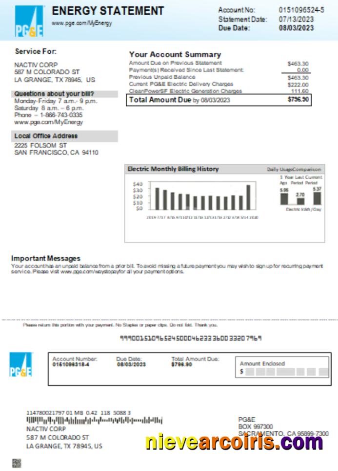 California PG&E electricity utility business bill